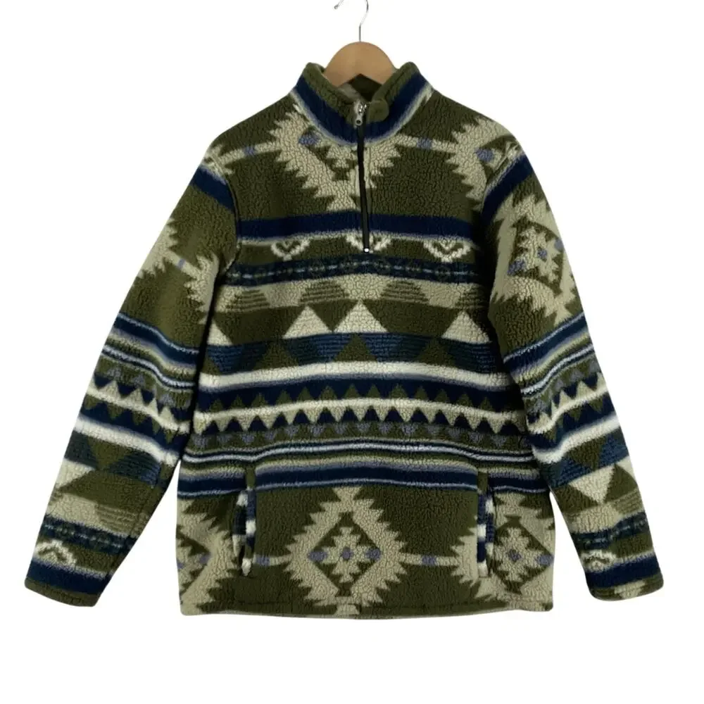 Wrangler Mens 1/4 Zip Sherpa Pullover SZ M Alpine Green Aztec Southwest